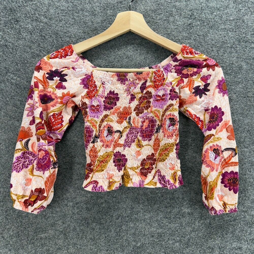 Old Navy Blouse Girls S Small Pink Floral Long Sleeve Round Neck Stretch Casual